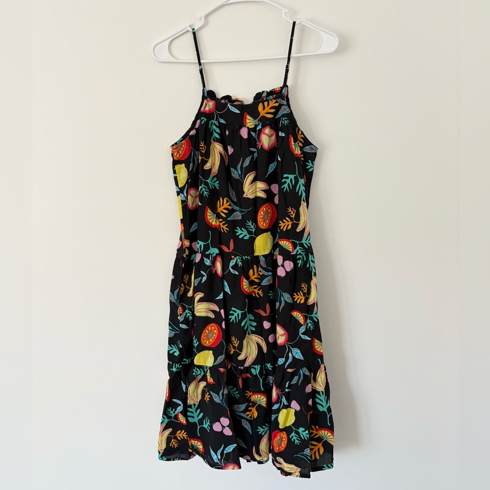 J Crew Black Colorful Fruit Spaghetti Strap Flowy Mini Dress Size XS - Picture 2 of 3